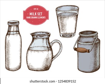 Vector collection of hand drawn colored  milk