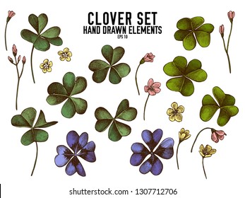 Vector collection of hand drawn colored  clover