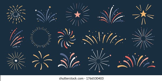Vector collection with hand drawn colorful fireworks. Festive fireworks for holiday, New Year, party, Christmas, birthday, carnival, Independence day. Celebration firework isolated on dark background