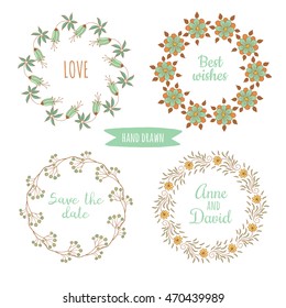 Vector collection of hand drawn colorful floral wreaths, isolated on background. Perfect for wedding invitations and birthday cards.