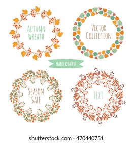 Vector collection of hand drawn colorful floral wreaths, isolated on background.