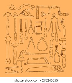 Vector collection of hand drawn common hand tools used by carpenters. Beautiful design elements, perfect for any industry related to the woodworking.