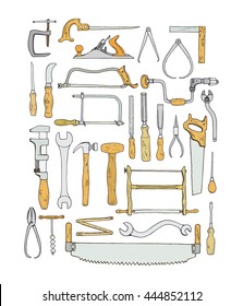 Vector collection of hand drawn common hand tools used by carpenters. Beautiful design elements, perfect for any industry related to the woodworking.