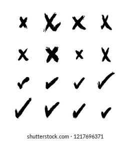 Vector collection of hand drawn cross and tick design elements. Acceptance and rejection symbol