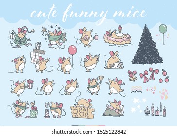 Vector collection of hand drawn cute little baby mouse characters isolated walk, jump, read, happy celebrate. 2020 year mascot illustration. Christmas decor elements: fir tree, gift box, bell.