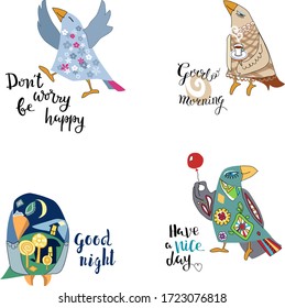 Vector collection of hand drawn cute birds with inspirational text  
