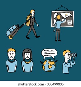 vector collection of hand drawn cute icons about traveling, communication  and student life. A globe,map, guy going on a trip, female and male avatars, pin, boy with binoculars.