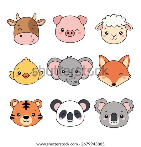 Vector Collection of Hand Drawn Cute Kawaii Animal Faces
