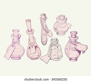Vector collection of hand drawn decorative jars and bottles. Vintage glass canning jars  on white