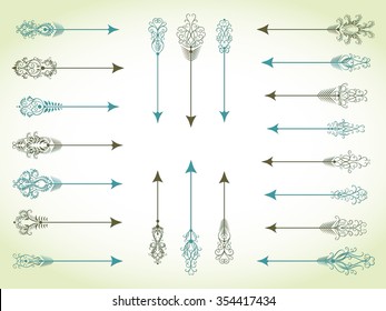 Vector collection of hand drawn decorative arrows and pointers. In blue and dark green colors.