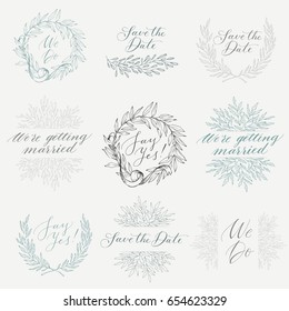 Vector collection of hand drawn design elements and objects. Vintage floral elements. Wedding style