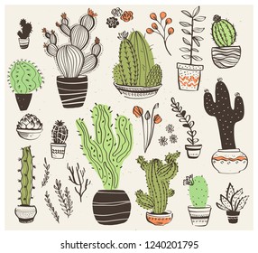 Vector collection of hand drawn different cactus shapes isolated on white background. Trendy sketch style. Perfect for patterns, decor, cards, packaging, logo, banners, ads, prints etc.