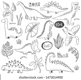 Vector collection of hand drawn dinosaurs, tropical leaves trees and plants. Perfect for kids print, cards, textile, nursery background. Cute dino design.