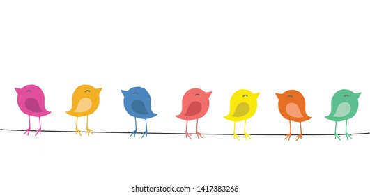 vector collection of hand drawn doodle birds, sitting on a string, colored with cheerful colors, isolated on natural background