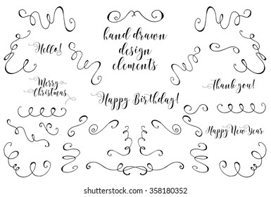 Vector collection of hand drawn elements.Vintage badges. Hand sketched modern labels. Hand drawn set of design elements. Christmas, Hello, Happy Birthday, Happy New Year