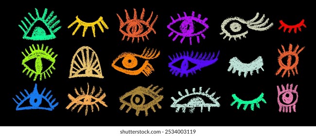 Vector collection hand drawn eyes in simple doodle style . Colorful eyes hand-drawn with bold lines. Open and closed  eye  set. 