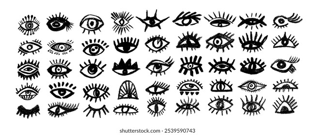 Vector collection hand drawn eyes in simple doodle style . Open black eyes hand-drawn with bold lines. Open and closed  eye  set. 