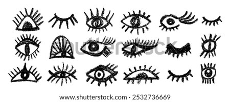 Vector collection hand drawn eyes in simple doodle style . Open black eyes hand-drawn with bold lines. Open and closed  eye  set. 