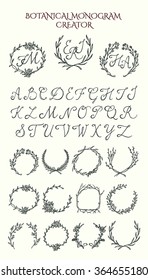 Vector collection of hand drawn floral wreath graphics and classic script font. Vector design kit to create beautiful botanical monograms.