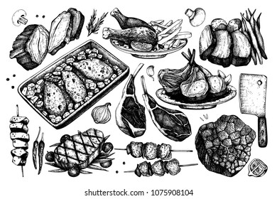 Vector collection of hand drawn food illustration.Top view design. Restaurant menu. Meat products set. Vintage template. 