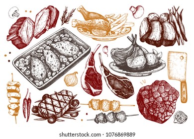 Vector collection of hand drawn food illustration.Top view design. Restaurant menu. Meat products set. Vintage template. 