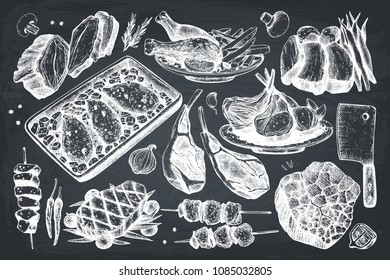 Vector collection of hand drawn food illustration.Top view Restaurant menu design. Meat products set on chalkboard