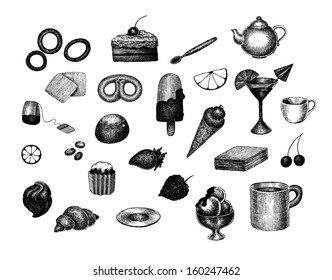Vector collection of hand drawn food and drinks. Ink hatching style