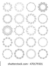 Vector collection of hand drawn graphic floral wreaths, isolated on background.