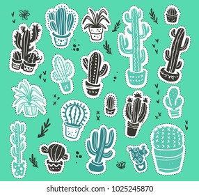 Vector collection of hand drawn green cactus sketch stickers collection isolated on green textured background. Flat cactus icon set. Nature elements illustration.