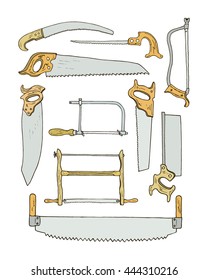 Vector collection of hand drawn handsaws used by carpenters. Beautiful design elements, perfect for any industry related to the woodworking.