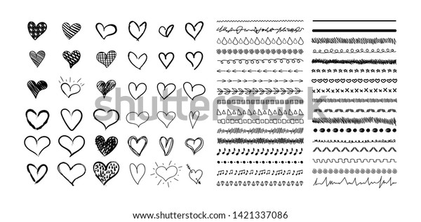 Vector Collection of Hand Drawn Hearts and Cute\
Divider Lines, Black Drawings Isolated on White Background, Fast\
Sketches.