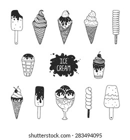 Vector collection of hand drawn ice cream, doodle ice cream cone, scoop, chocolate, sundae and cup. Cute summer set