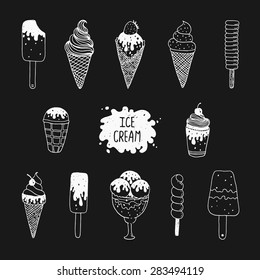 Vector collection of hand drawn ice cream, doodle ice cream cone, scoop, chocolate, sundae and cup. Cute summer set