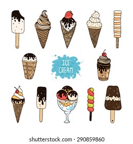 Vector collection of hand drawn ice cream, doodle ice cream cone, scoop, chocolate, sundae and cup. Cute summer set