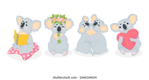 Vector collection of hand drawn illustration of cute little koala bear  in cartoons style. Isolated on white background. Set of adorable baby koala in childish comic style.