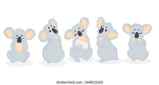 Vector collection of hand drawn illustration of cute little koala bear  in cartoons style. Isolated on white background. Set of adorable baby koala in childish comic style.