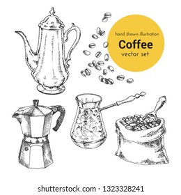 Vector collection of hand drawn illustrations of coffee brewing techniques. set for a restaurant or cafe menu. 