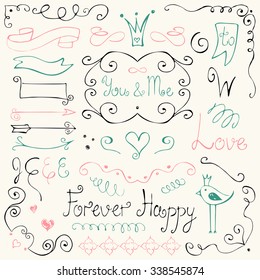Vector collection of hand drawn ink borders, frames and scroll elements. Unique romantic design for wedding cards, invitations and gift wrapping. Black, pink, turquoise on gray