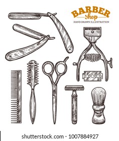 Vector collection of hand drawn isolated barbershop tools and accessories in engraving style. Sketch vintage illustration of shaving and hairdresser equipments: razor, comb, scissors, brush, knife