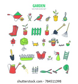 Vector collection of hand drawn isolated doodle icons. Set of garden illustrations: garden tools, agriculture, equipment, seedling. Sketch symbols of gardening isolated on white background.