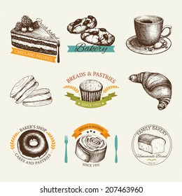 Vector collection of hand drawn labels and banners with breads and pastries illustration. Vintage bakery illustration isolated on white.