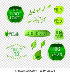 Vector Collection of Hand Drawn Leaves, Twigs, Plants, Green Paint Spots Isolated on Light Transparent Background, Vegetarian.