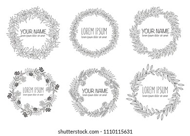 Vector collection of hand drawn logo templates. Wedding, family, children photographer logotypes. Vintage badges wreath. Hand sketched modern icons, labels.