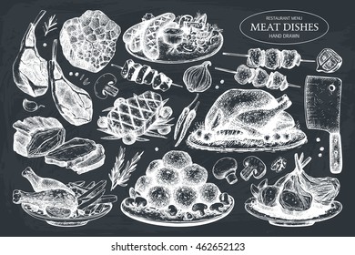 Vector collection of hand drawn meat  illustration. Restaurant or butchery design elements. Vintage food sketch set on chalkboard.