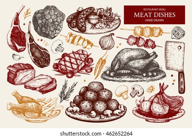 Vector collection of hand drawn meat  illustration. Restaurant or butchery design elements. Vintage food sketch set.