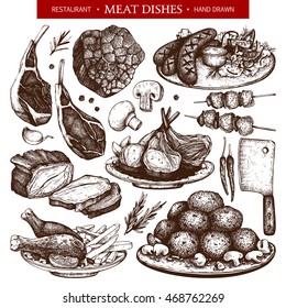 Vector collection of hand drawn meat dishes  illustration. Restaurant or butchery design elements. Vintage food sketch set.