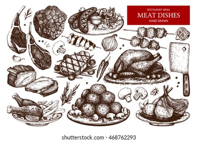 Vector Collection Of Hand Drawn Meat  Illustration. Restaurant Or Butchery Design Elements. Vintage Food Sketch Set. Outlines