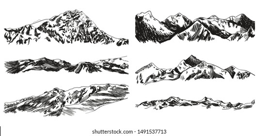 Vector Collection of Hand Drawn Mountains and Hills Isolated on White Background, Black Scribble Drawings, Vintage Illustrations.