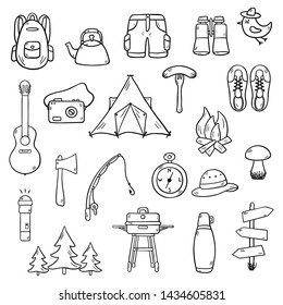 Vector collection of hand drawn objects of summer camp and outdoor - Outline elements - Isolated on white