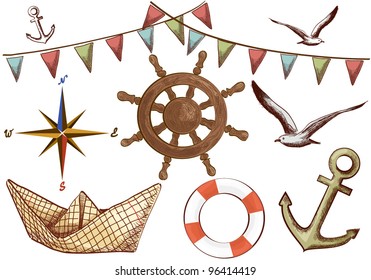 Vector collection of hand drawn objects related to the sea theme